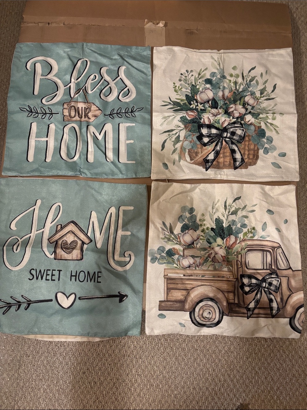 Aqua Blue Cream Floral & Farmhouse Accent Pillow Covers - Set of 4